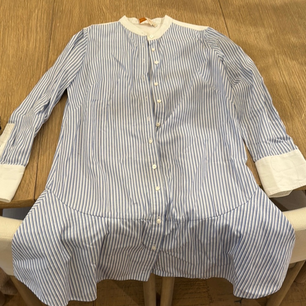 Tory Burch Blue and White Striped Button-Up Shirtdress